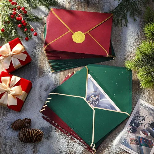 Miniatura 6 de 50 piezas de sobres A7 5 x 7 sobres para tarjetas con solapa en V y borde dorado para tarjetas de invitación de boda, graduación, baby shower, Verde