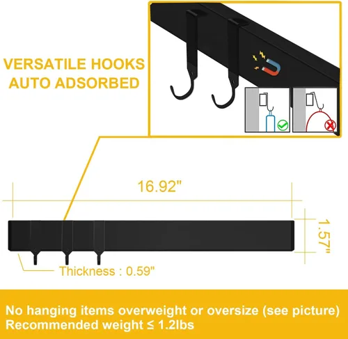 Miniatura 3 de Tira magnética negra para cuchillos para refrigerador, soporte magnético de acero inoxidable de doble cara de 17 pulgadas con ganchos
