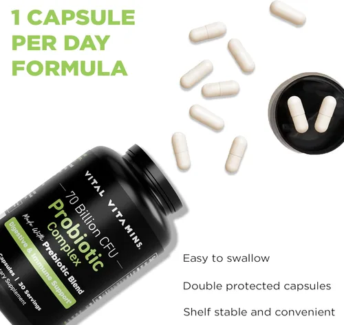 Miniatura 8 de Vital Vitamins Complejo probiótico para hombres y mujeres, 70 mil millones de UFC, fabricado con mezcla prebiótica, digestivo, salud intestinal