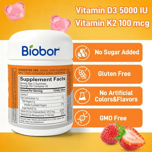 Miniatura 2 de Biobor Gomitas naturales de vitamina D3 K2, 5000 UI de vitamina D3 y 100 mcg de vitamina K2 (MK-7), apoya los huesos saludables, suplemento de salud