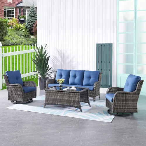 Miniatura 8 de HUMMUH Sillas Mecedoras Giratorias de Mimbre para Patio Exterior con Respaldo Alto, Sillas Deslizantes de Ratán PE, Juego de Muebles de Patio de 4