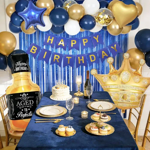 Miniatura 7 de Decoraciones de cumpleaños azul marino para hombres con pancarta de feliz cumpleaños, cortinas, botella, corona, globos de estrella de corazón y luz