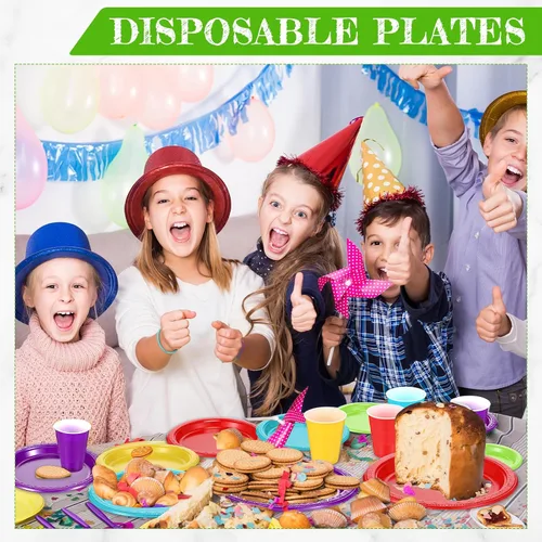 Miniatura 4 de Uiifan El juego de vajilla de plástico multicolor de 300 piezas incluye 50 platos llanos, 50 platos de aperitivo, 50 tazas, 50 cuchillos, 50