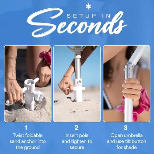 Miniatura 5 de AMMSUN Sombrilla de playa resistente de 7 pies para vientos fuertes con anclaje de arena, poste inclinable con ventilación y bandeja de mesa Azul