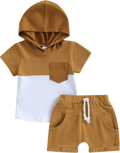 Ropa de verano para bebé niño, bloque de color, manga corta, sudadera con capucha, camiseta y pantalones cortos sólidos para correr, conjunto de