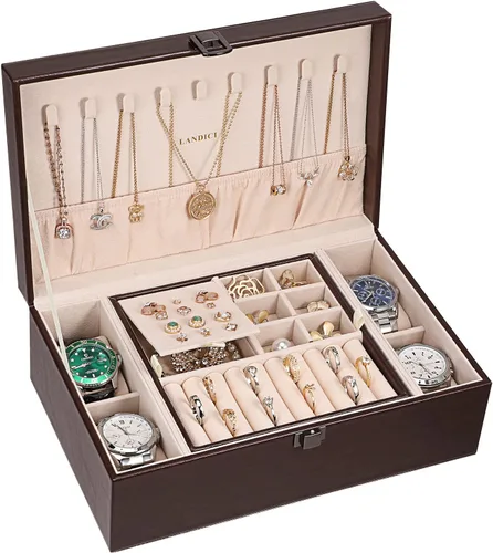 LANDICI Joyero organizador para mujeres y niñas estuche grande de 2 capas para hombres con bandeja extraíble soporte de almacenamiento de joyas de