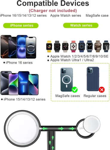 Miniatura 7 de EWA Soporte de carga MagSafe 2 en 1 para iPhone 16/15/14/13/12 y Apple Watch Series, SE, ángulo de visión ultra ergonómico, base antideslizante