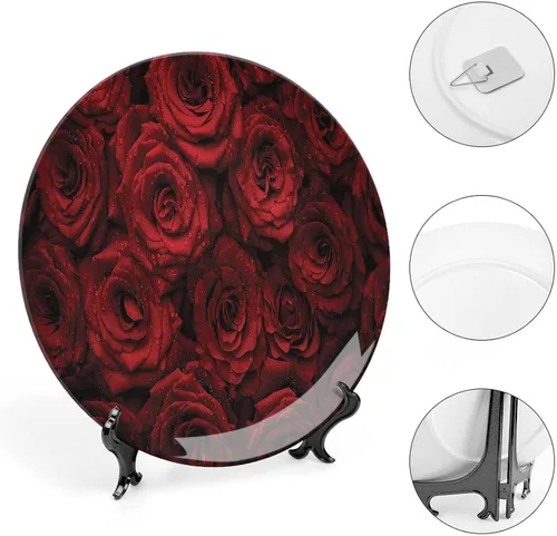 Miniatura 4 de Placa decorativa de 8 pulgadas, artesanía de cerámica roja oscura, rosas rojas con gotas de agua, placa de exhibición de cerámica para adornos Rojo