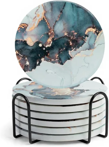 Miniatura 21 de Juego de 6 posavasos absorbentes de cerámica con soporte, posavasos de mármol para mesa de café, posavasos absorbentes de agua (porcelana)