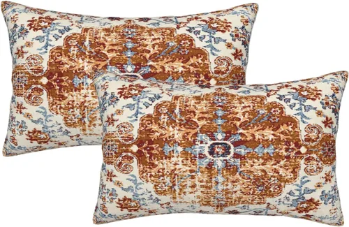 Miniatura 32 de Juego de 2 fundas de almohada bohemias de 20 x 20 pulgadas, fundas de cojín con patrón de alfombra, color amarillo mostaza y azul, diseño étnico