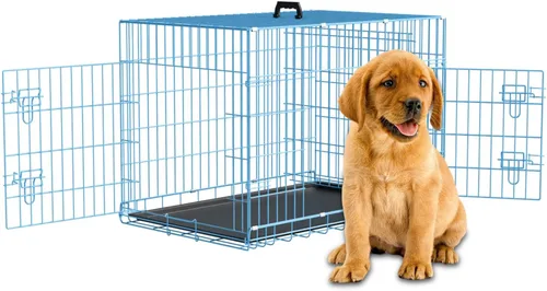 Miniatura 10 de Dopinmin Jaula grande para perros de 42 pulgadas, jaula de doble puerta para mascotas, jaula plegable de alambre de metal con panel divisor, bandeja