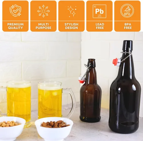 Miniatura 5 de FastRack Botellas de vidrio Swing Top de 33 onzas, paquete de 12, botellas de vidrio con tapa abatible ámbar con tapas herméticas, botellas