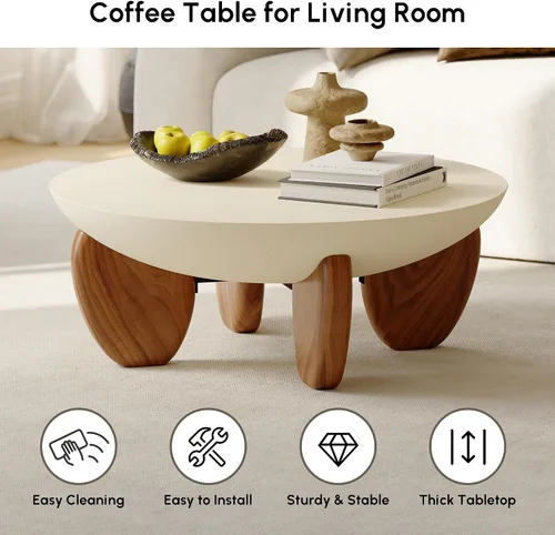 Miniatura 6 de homary - Mesa de café redonda de hormigón con patas premium de madera de nogal y fresno, mesa central de acabado de cemento moderno minimalista