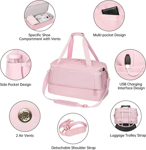 Miniatura 4 de Bolsa de lona de gimnasio para mujer, Rosado, Bolsa de gimnasio con puerto de carga USB