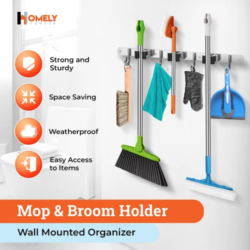 Miniatura 3 de Homely Center Soporte de pared para fregona y escoba, organizador de armario resistente para garaje, cocina, organización de lavandería, colgador