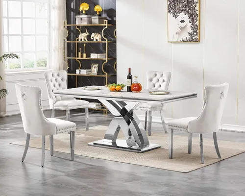 Miniatura 13 de Moderno juego de mesa de comedor de mármol para 4, juego de mesa de comedor de lujo para 4, mesa de comedor de mármol sintético de 68 pulgadas