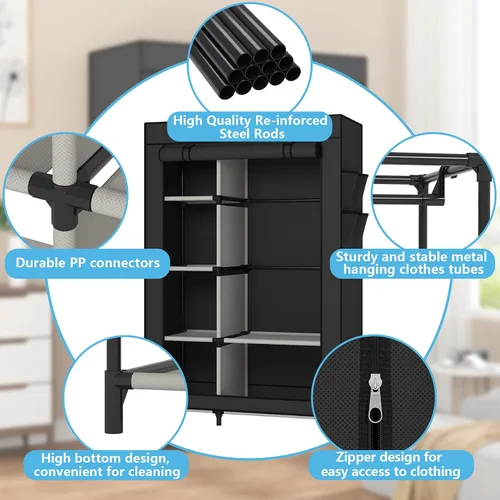 Miniatura 8 de Calmootey Armario portátil, armario con 6 estantes y barra para colgar, organizador de almacenamiento para dormitorio, funda de tela no tejida con 4