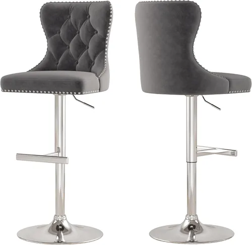 Miniatura 20 de Juego de 2 taburetes de bar, taburetes giratorios de terciopelo con respaldo copetudo, asiento ajustable con ribete de cabezas de clavos, sillas