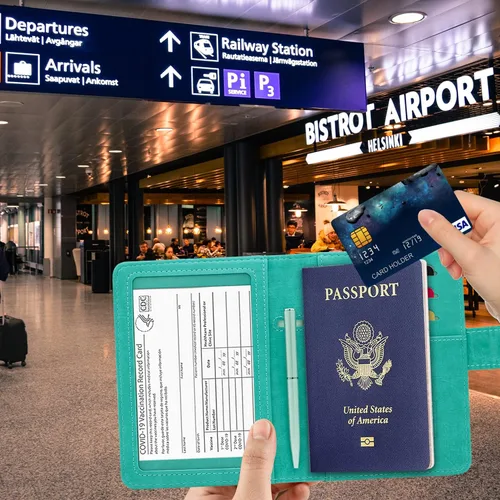 Miniatura 2 de RSAquar Combo de portatarjetas de pasaporte y vacunación, funda de pasaporte, funda de cuero para tarjetas de viaje, accesorios con bloqueo RFID