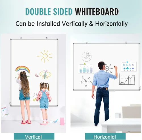 Miniatura 2 de Pizarra blanca grande de borrado en seco para pared, 60 x 40 pulgadas, pizarra magnética de doble cara con bandeja larga para bolígrafos, pizarra