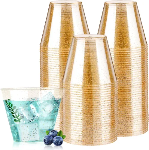 Goodluck 100 vasos de plástico con purpurina dorada de 9 onzas, vasos desechables con purpurina, elegantes vasos de cóctel de plástico, vasos de
