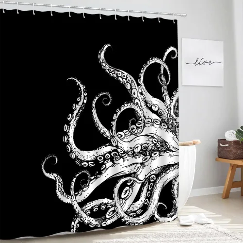 Miniatura 2 de Cortina de ducha de tentáculo de pulpo, diseño de kraken de océano blanco y negro, divertido animal náutico, vida marina, fresco, moderno, único