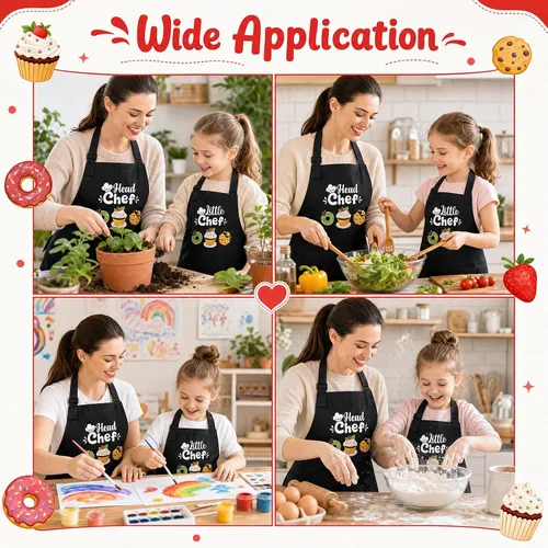 Miniatura 7 de Juego de 2 delantales para padres e hijos, delantales de cocina ajustables con bolsillos para adultos y niños
