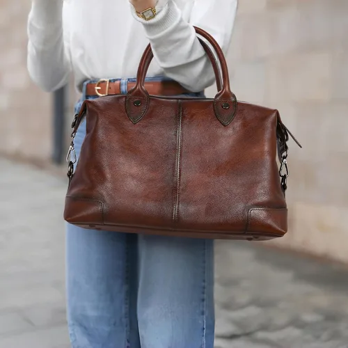 Miniatura 2 de HESHE Bolso de mano de cuero genuino para mujer, bolso de cuero de gran capacidad, bolso de mano con asa superior, bolso de médico vintage