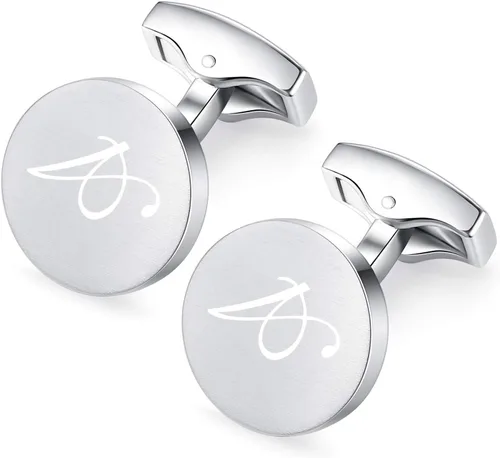 Miniatura 3 de Gemelos redondos con letra del alfabeto inicial para hombre, regalo de boda, negocios, acero inoxidable, plateado cepillado A-Z