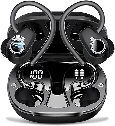 Auriculares inalámbricos Bluetooth 5.3 con ganchos para los oídos, pantalla de alimentación LED de 52 horas de reproducción, IPX7 impermeables,