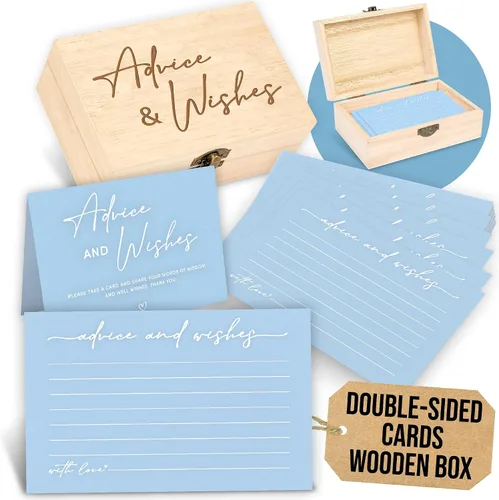 WOODAMORE Caja de tarjetas de consejos y deseos – 50 tarjetas azules de consejos de boda para despedida de soltera, tarjetas de consejos de baby