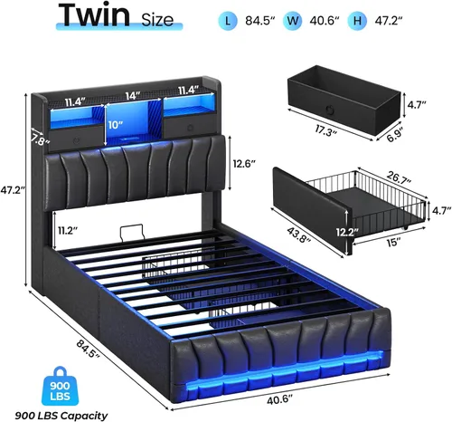 Miniatura 2 de DICTAC Estructuras de Cama Gemela con Cabecera de Almacenamiento y 2 Cajones Grandes, Cama Gaming con Luces RGB y Estación de Carga, Cama