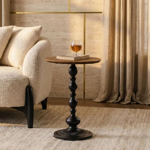 Miniatura 3 de Framhose - Mesa auxiliar redonda, mesa auxiliar pequeña con parte superior de madera y base negra, mesa de pedestal para sala de estar, esquinas