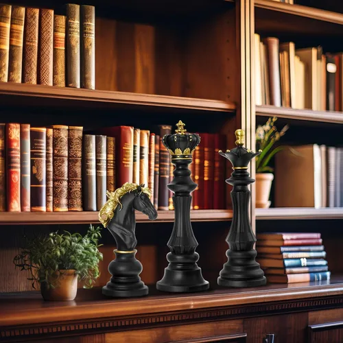 Miniatura 4 de Juego de 3 piezas de decoración de estatua de ajedrez grande, rey y reina, caballero, pieza de ajedrez, escultura, adorno coleccionable