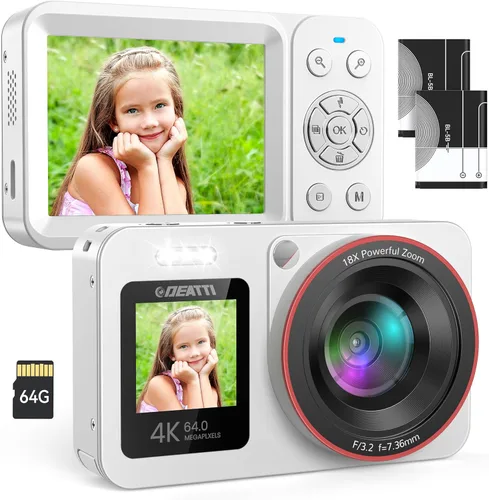 Miniatura 11 de Cámara digital FHD 4K con pantalla dual de 64 GB, tarjeta SD de 64 GB, 2 baterías, zoom 18X, cámara recargable portátil antivibración para niños