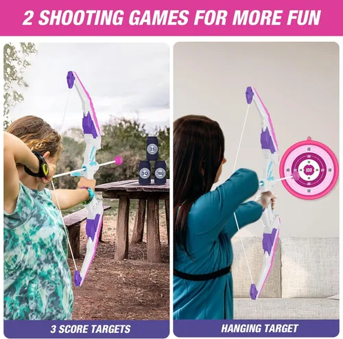 Miniatura 2 de HYES Arco y flecha para niños, juego de tiro con arco con luz LED con 12 flechas de ventosa, 1 objetivo para colgar, 3 objetivos de puntuación y 1