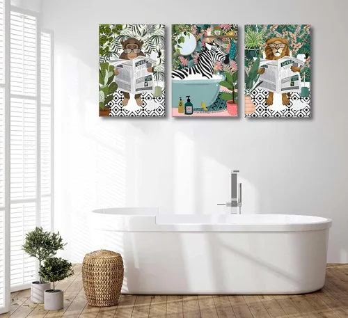 Miniatura 2 de 3 piezas de lienzo de animales de la selva para baño, arte de pared de cebra en la bañera, imágenes de mono león en el inodoro, lectura