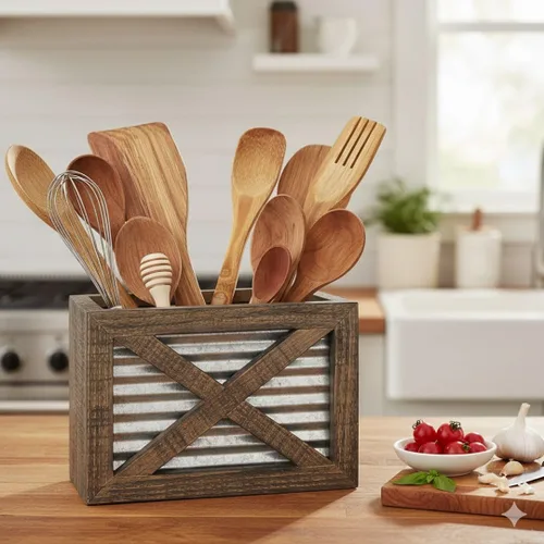 Miniatura 2 de Autumn Alley Soporte para utensilios de cocina de madera rústica para puerta de granero, detalles galvanizados, detalles de granja que añaden