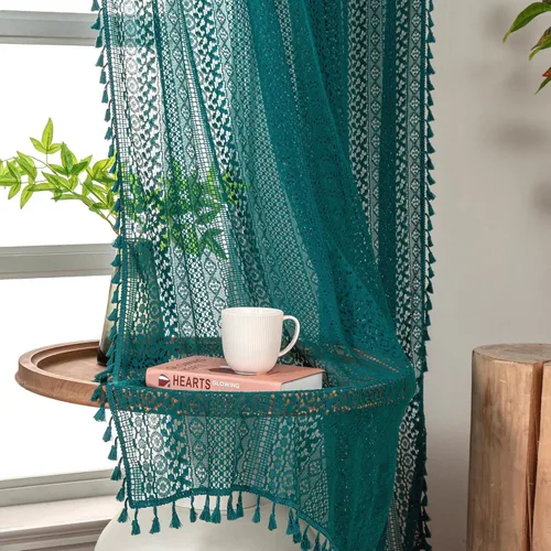 Miniatura 29 de WAZZIO Cortinas de Encaje, Cortina Boho de Crochet para Dormitorio, Cortinas de Café de Algodón, 45 Pulgadas de Largo, 2 Paneles con Bolsillo