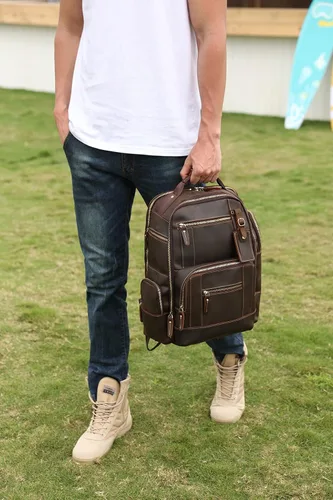 Miniatura 9 de Lannsyne Mochila vintage de cuero de grano completo para hombre de 15.6 pulgadas, mochila para laptop de camping y viajes, mochila de 24 L, Marrón