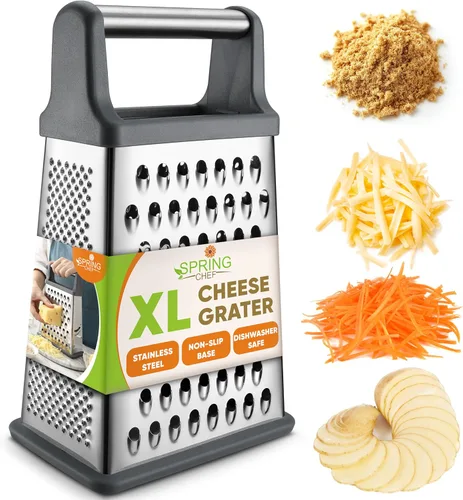 Spring Chef Rallador profesional de queso, rallador de caja de acero inoxidable para cocina, tamaño XL, 4 lados, triturador perfecto para queso Gris