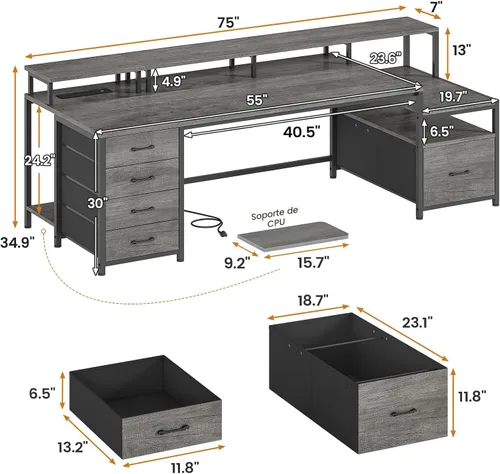 Miniatura 2 de SEDETA Escritorio para computadora de 75 pulgadas con 5 cajones, toma de corriente y luces LED, escritorio de oficina en casa con cajón de archivos