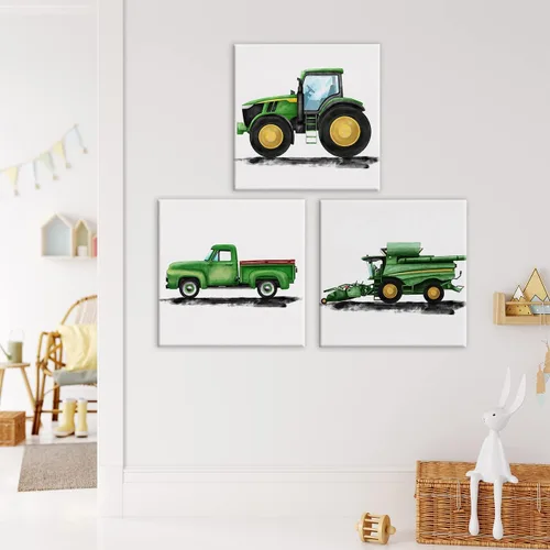 Miniatura 3 de Juego de 3 cuadros enmarcados para decoración de pared de tractores y viejos camiones de granja, cuadros en lienzo, cuadros para el hogar, niños