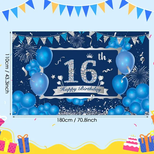 Miniatura 4 de Decoraciones de feliz cumpleaños número 16, pancarta azul y plateada y suministros de fiesta para uso en exteriores e interiores, 72.8 x 43.3