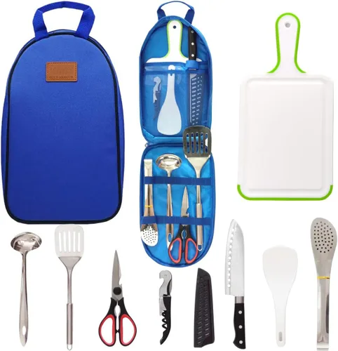 Juego de utensilios de cocina Gold Armour, organizador de viaje, portátil, para barbacoa, camping, utensilios de cocina, utensilios de acero