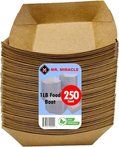 Bandejas de papel para alimentos, papel kraft. Pequeñas (1 libra). Paquete de 250 botes desechables y reciclables. Para condimentos, aperitivos y