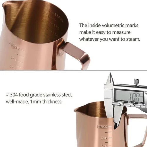 Miniatura 5 de Taza de espuma, jarra de leche de café 550ML con escala Jarra de vapor de acero inoxidable de oro rosa