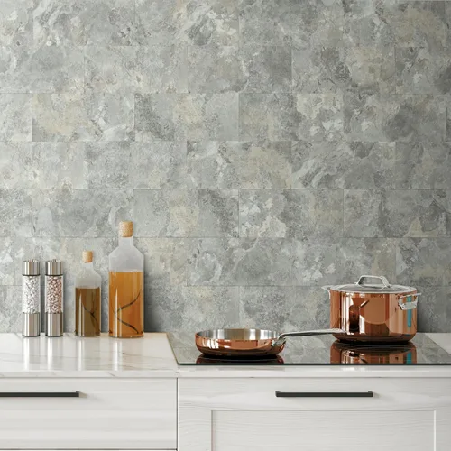 Miniatura 5 de AULIGET 2 piezas de azulejos de pared para salpicaduras de cocina, 6 x 12 pulgadas, pizarra gris y beige de PVC de piedra sintética