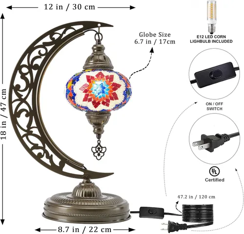 Miniatura 3 de Lámpara de mesa turca de mosaico en forma de media luna, lámpara de escritorio marroquí estilo luna boho hecha a mano, iluminación decorativa