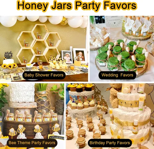 Miniatura 3 de Aliggbent - Paquete de 48 tarros de miel pequeños para fiestas, 42 g, hexagonales, con cucharas, tapas doradas, amuletos de abeja, bolsas de regalo